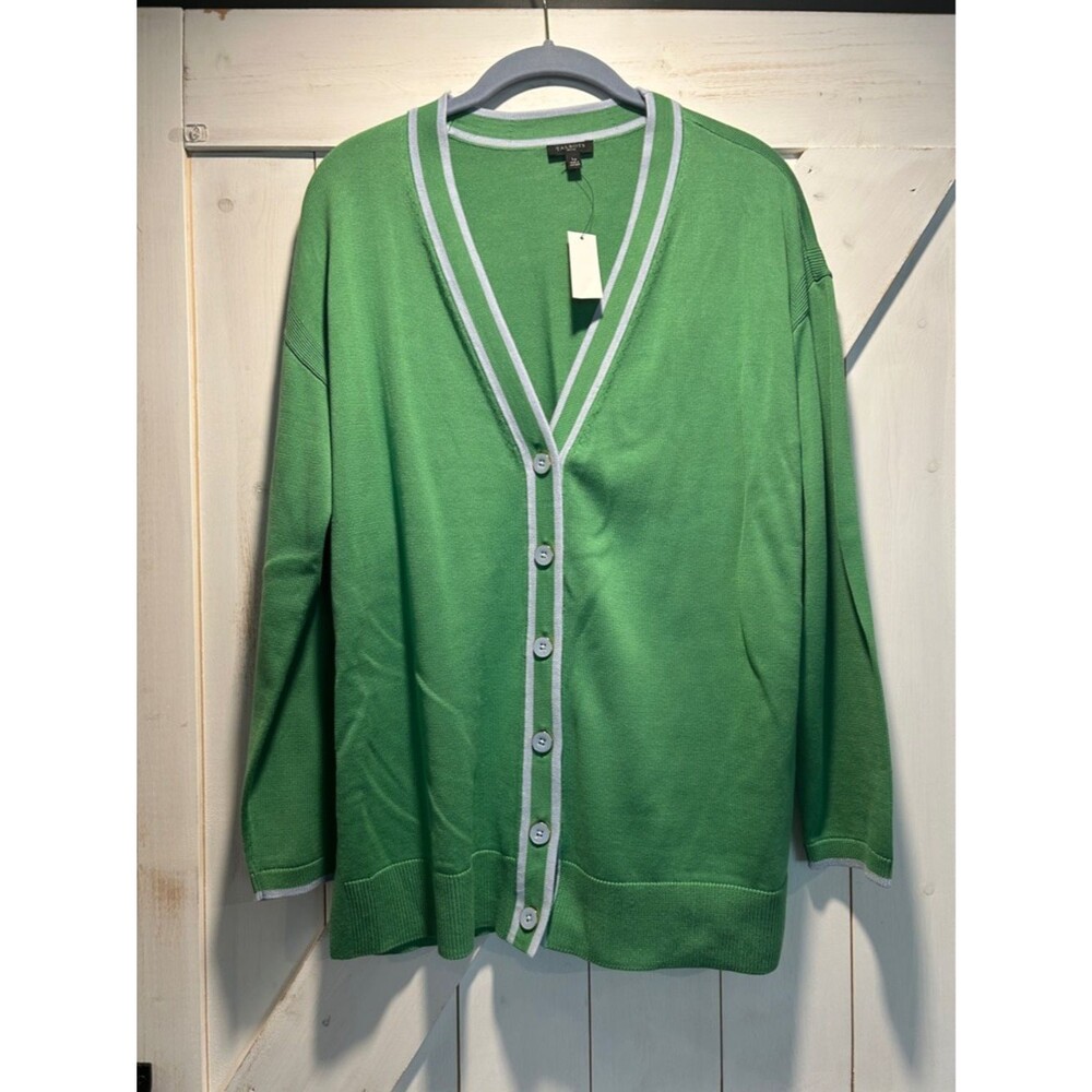 Talbots NWT Green V-Neck Button-Front Girlfriend Cardigan with Light Blue Trim L